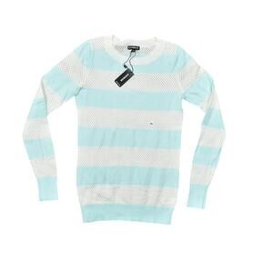 Express Blue & White Pullover Sweater XS New With Tags Striped Mesh Long Sleeve